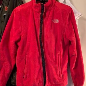 Pink/red north face fuzzy jacket